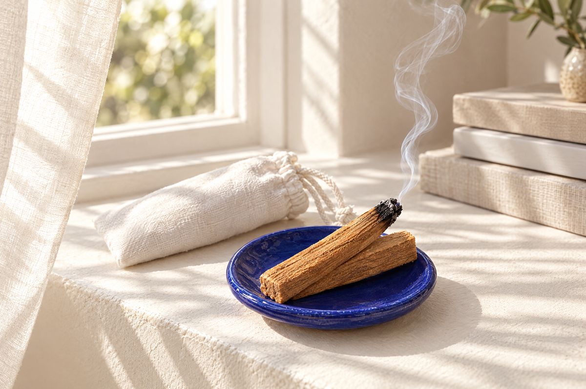 Palo santo allumé dans une coupelle bleue sur un rebord de fenêtre, avec son sachet en coton