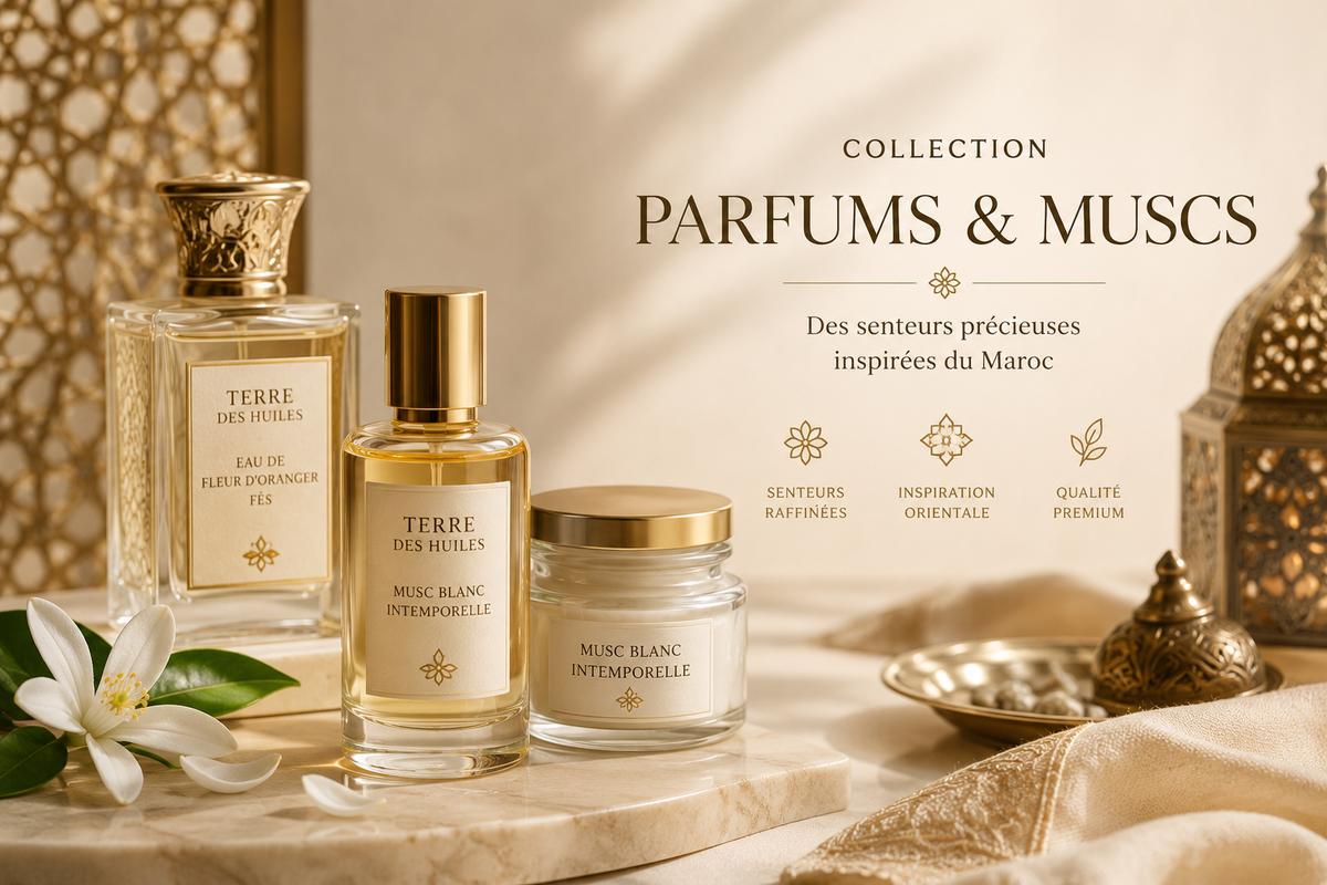 Collection de parfums et muscs Terre Des Huiles inspirée du Maroc, avec flacons élégants, musc blanc et ambiance orientale raffinée aux tons dorés.