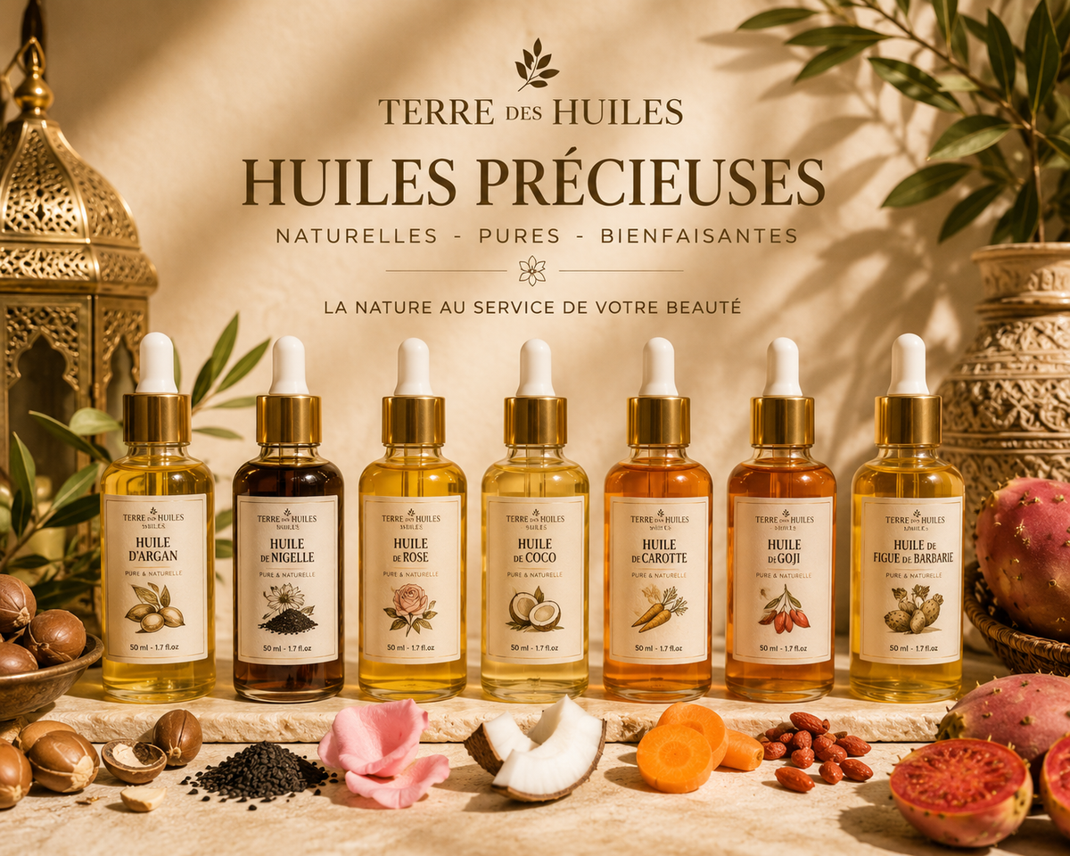Flacons d'huiles Terre Des Huiles avec argan, figues de barbarie et ambiance marocaine chic.