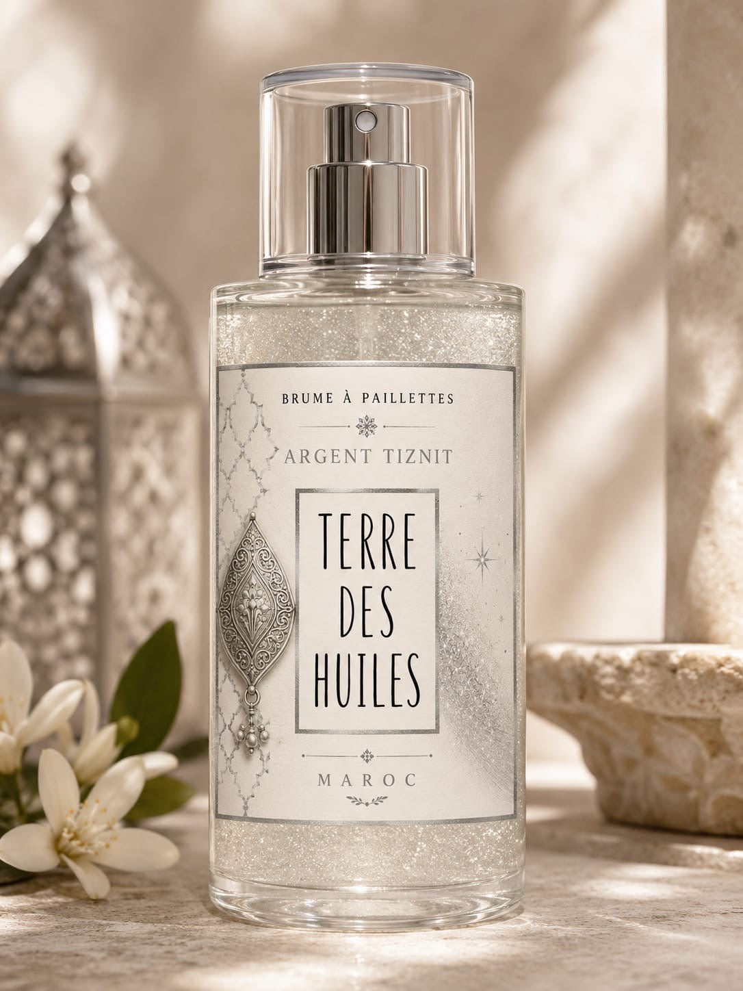 Brume pailletée argentée Terre Des Huiles inspirée de Tiznit avec reflets lumineux pour corps et cheveux.