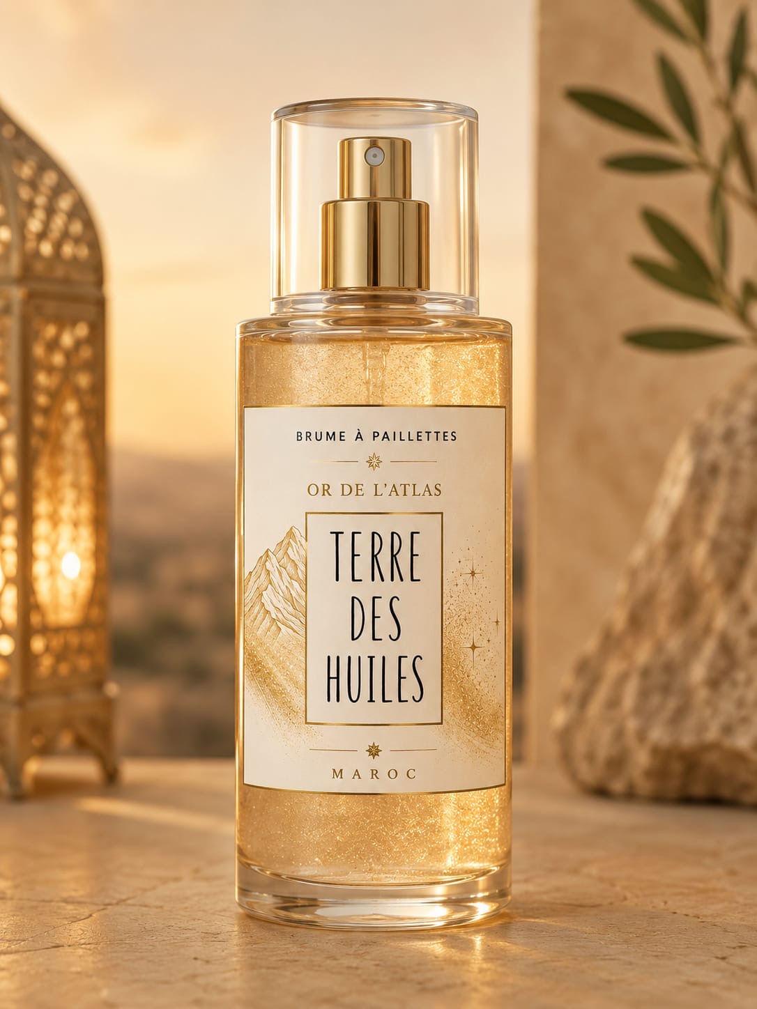 Brume pailletée dorée Terre Des Huiles inspirée des lumières de l’Atlas marocain.