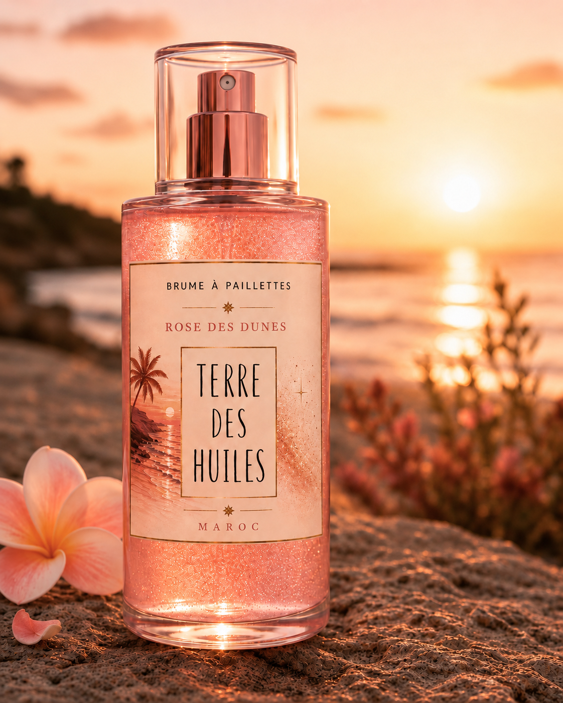 Brume pailletée rose Terre Des Huiles avec reflets lumineux rosés inspirés des dunes marocaines.
