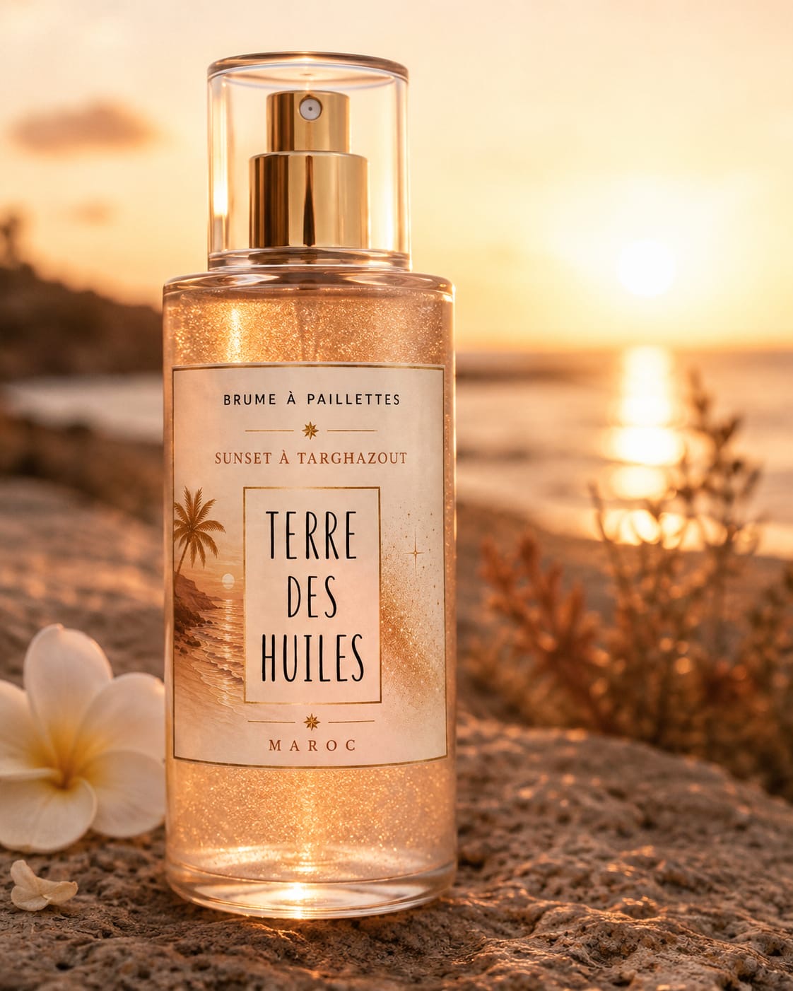 Brume pailletée dorée Sunset Taghazout Terre Des Huiles avec effet glow solaire sur le corps et les cheveux.