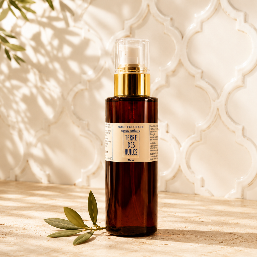 Huile Précieuse Spray Solaire Terre Des Huiles — flacon ambré pompe dorée, fond zellige marocain