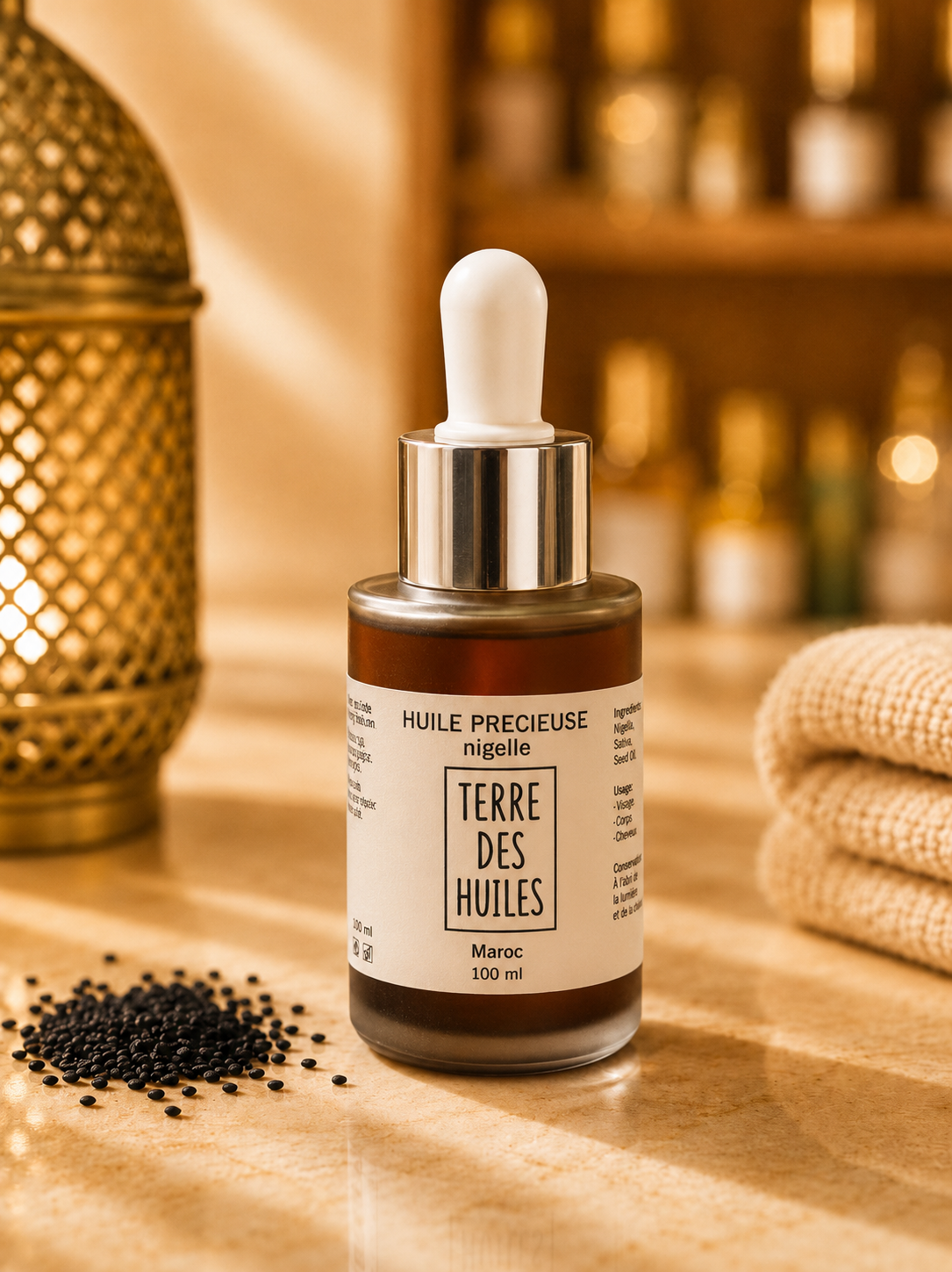 Flacon d’huile de nigelle Terre Des Huiles dans une ambiance orientale chic et naturelle.