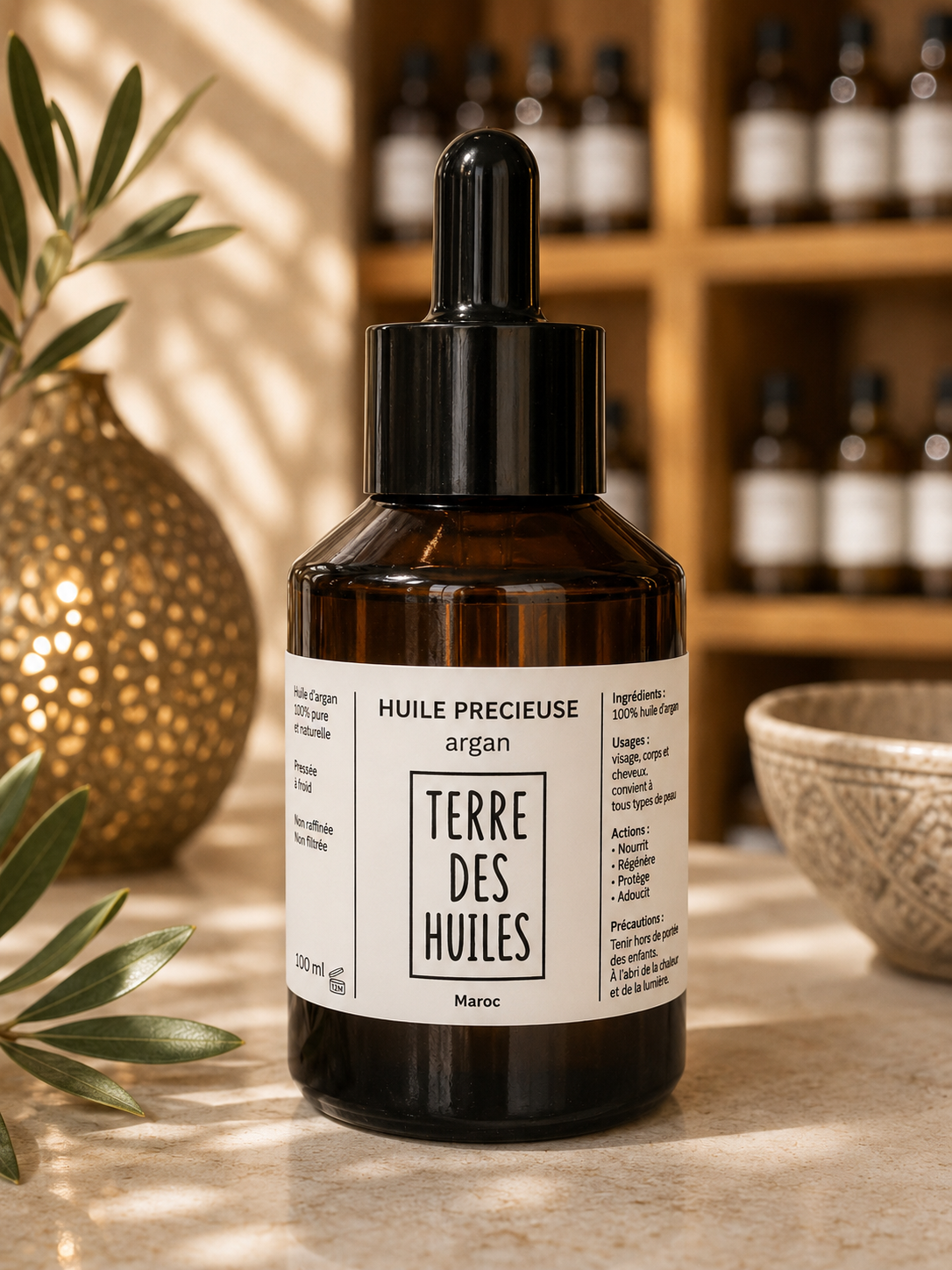 Flacon huile d’argan Terre Des Huiles dans une ambiance orientale chic et lumineuse.