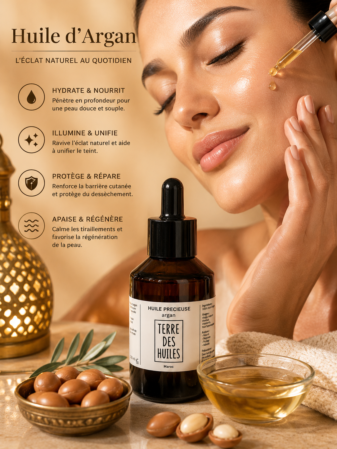Flacon d’huile d’argan Terre Des Huiles avec application sur peau lumineuse dans une ambiance beauté orientale chaleureuse.
