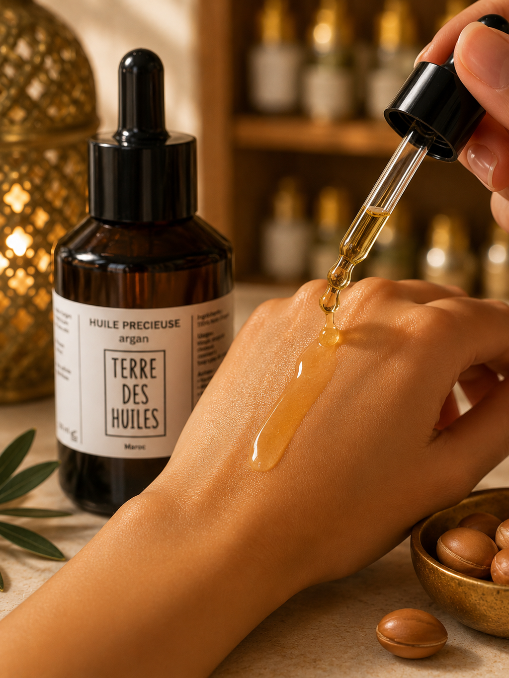Huile d’argan Terre Des Huiles appliquée sur une peau lumineuse avec effet glow, hydratation intense et ambiance beauté orientale premium.