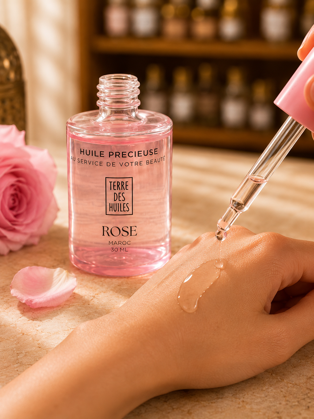 Texture d’huile de rose Terre Des Huiles sur peau lumineuse avec fini glossy et hydratant dans une ambiance beauté premium.