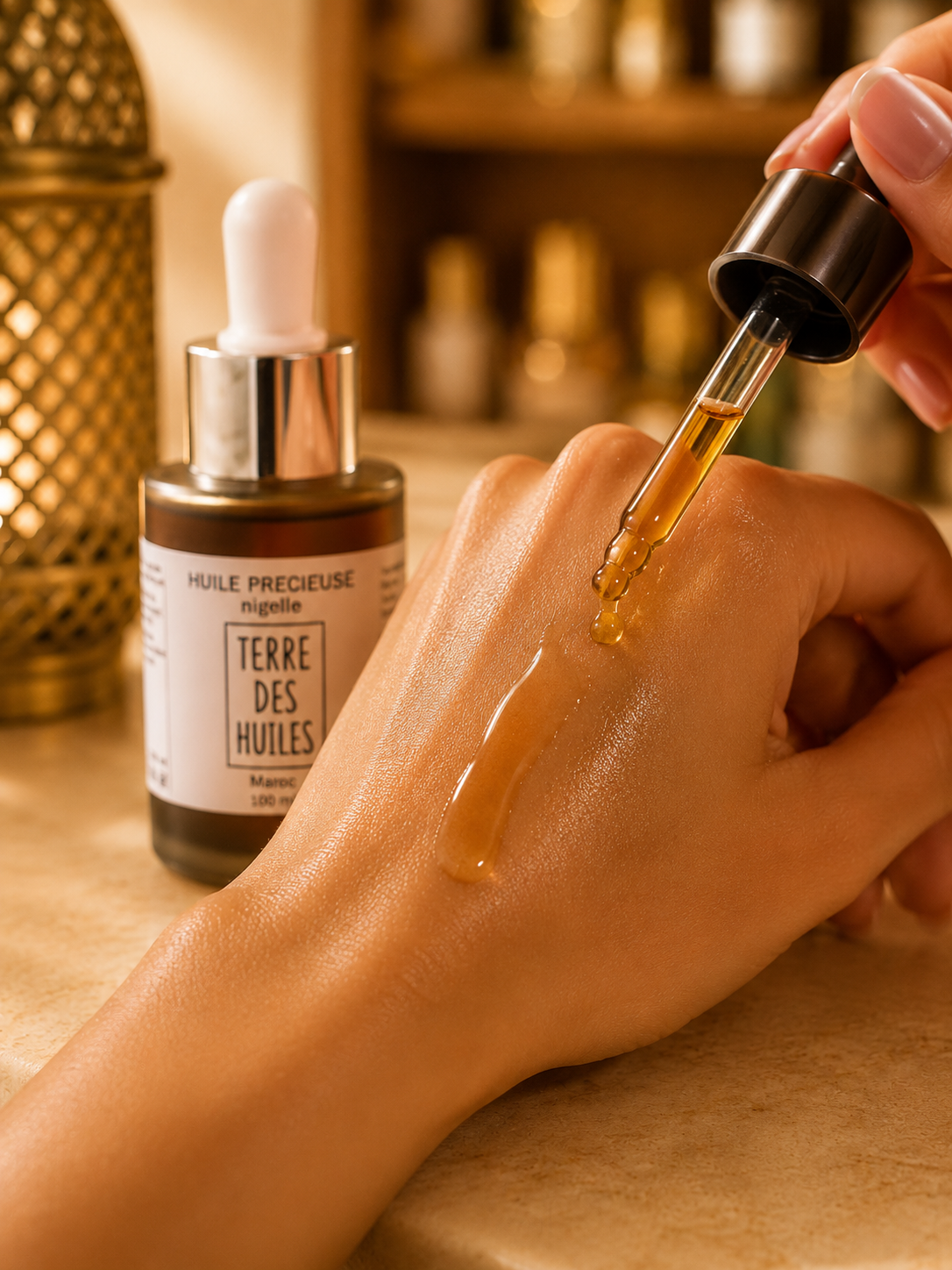 Huile de nigelle Terre Des Huiles appliquée sur la peau avec texture brillante nourrissante et fini satiné dans une ambiance orientale chaleureuse.