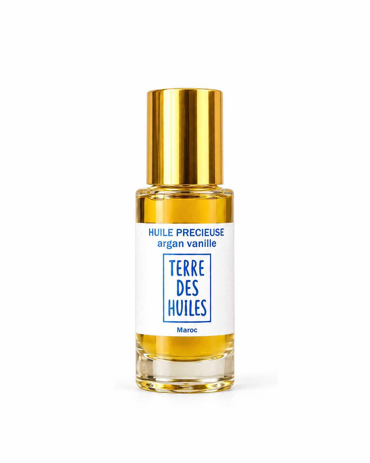 Huile d'argan parfumée Terre Des Huiles, flacon à bouchon doré sur fond blanc
