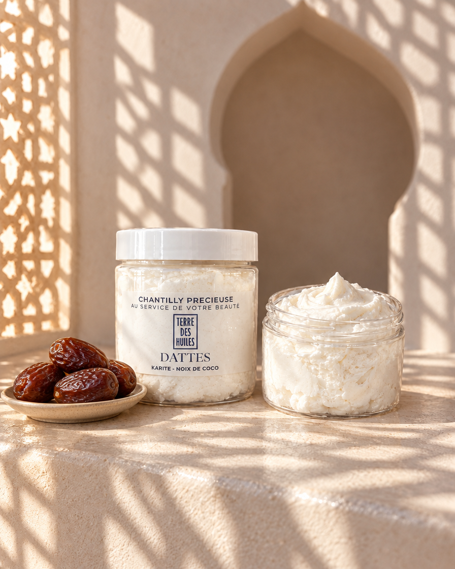 Chantilly Précieuse senteur Dattes Terre Des Huiles, pot ouvert et dattes, lumière marocaine