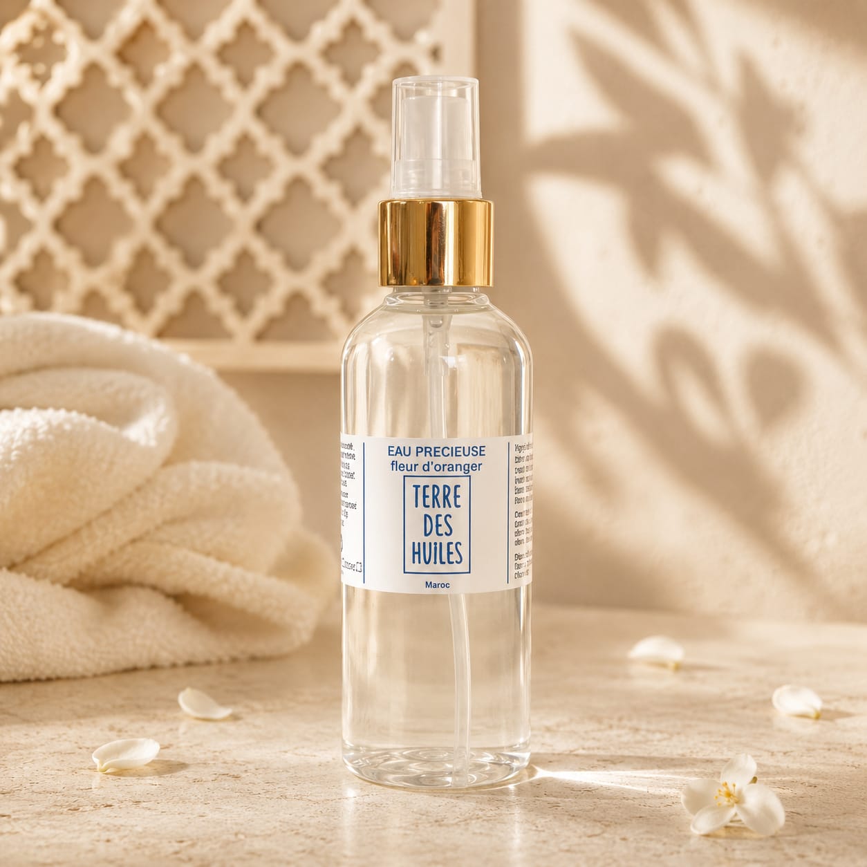 Flacon spray transparent Eau Précieuse à la Fleur d'Oranger Terre des Huiles, avec fleurs de jasmin blanches sur fond beige doré