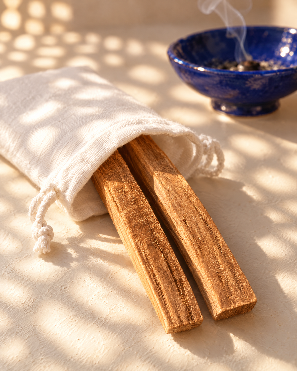 Deux bâtons de palo santo sortant de leur sachet en coton blanc, coupelle bleue en arrière-plan