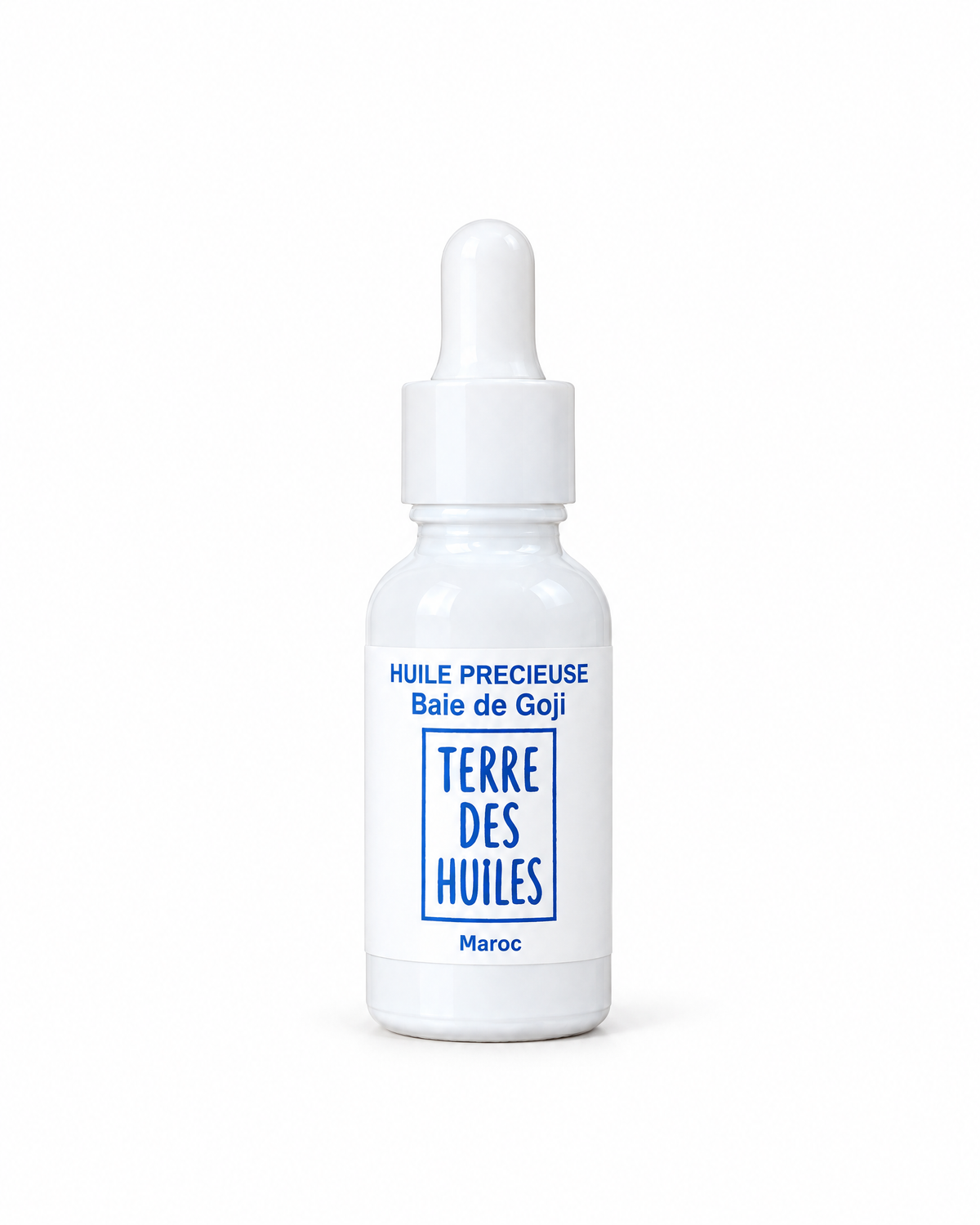 Flacon compte-gouttes d'huile précieuse de goji Terre Des Huiles sur fond blanc