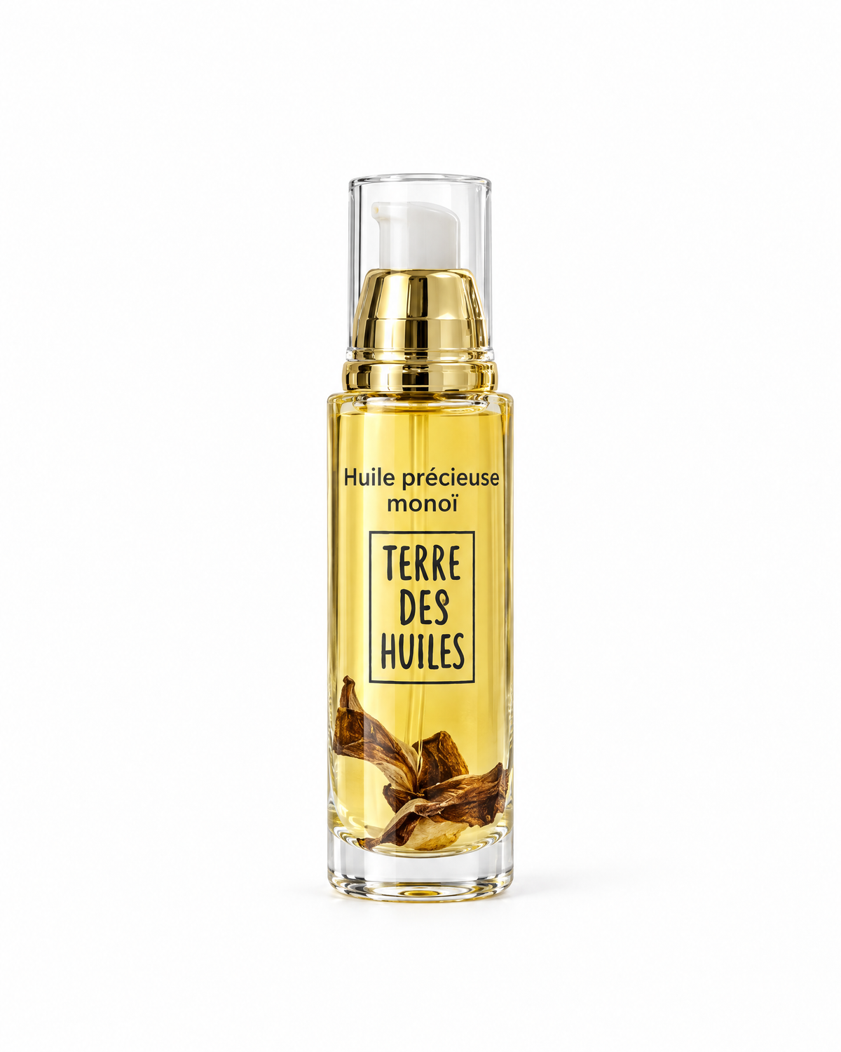 Flacon d'huile précieuse au monoï Terre Des Huiles sur fond blanc