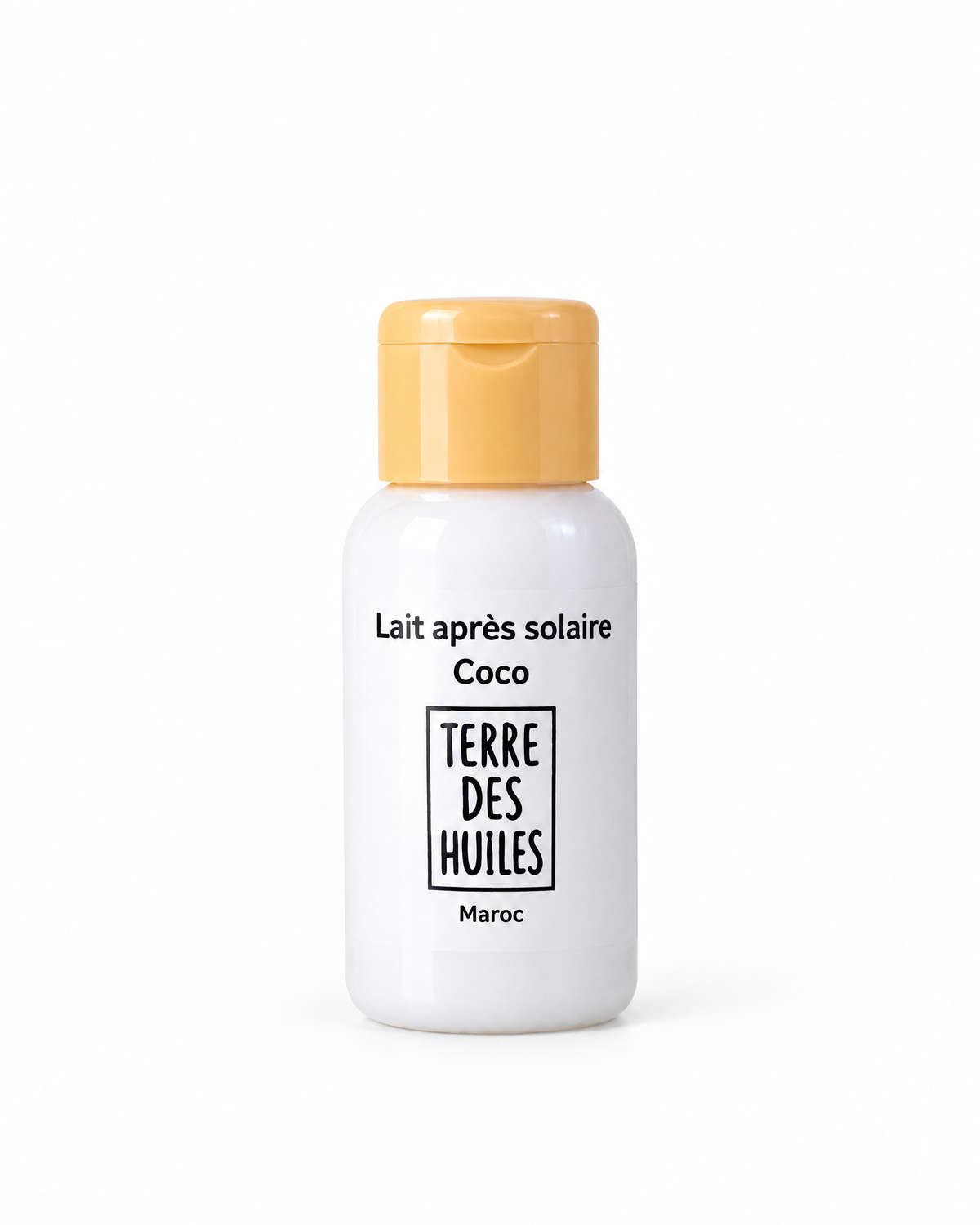 Flacon de lait après-solaire coco Terre Des Huiles sur fond blanc