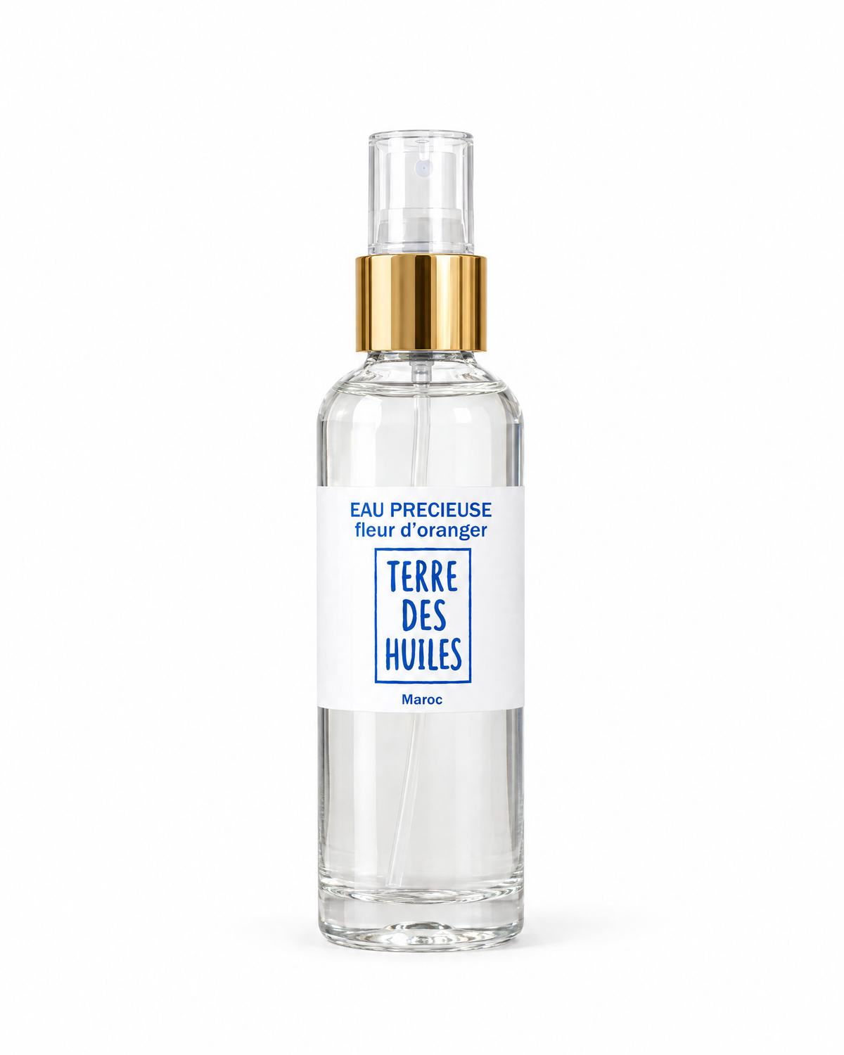 Spray d'eau de fleur d'oranger Terre Des Huiles sur fond blanc