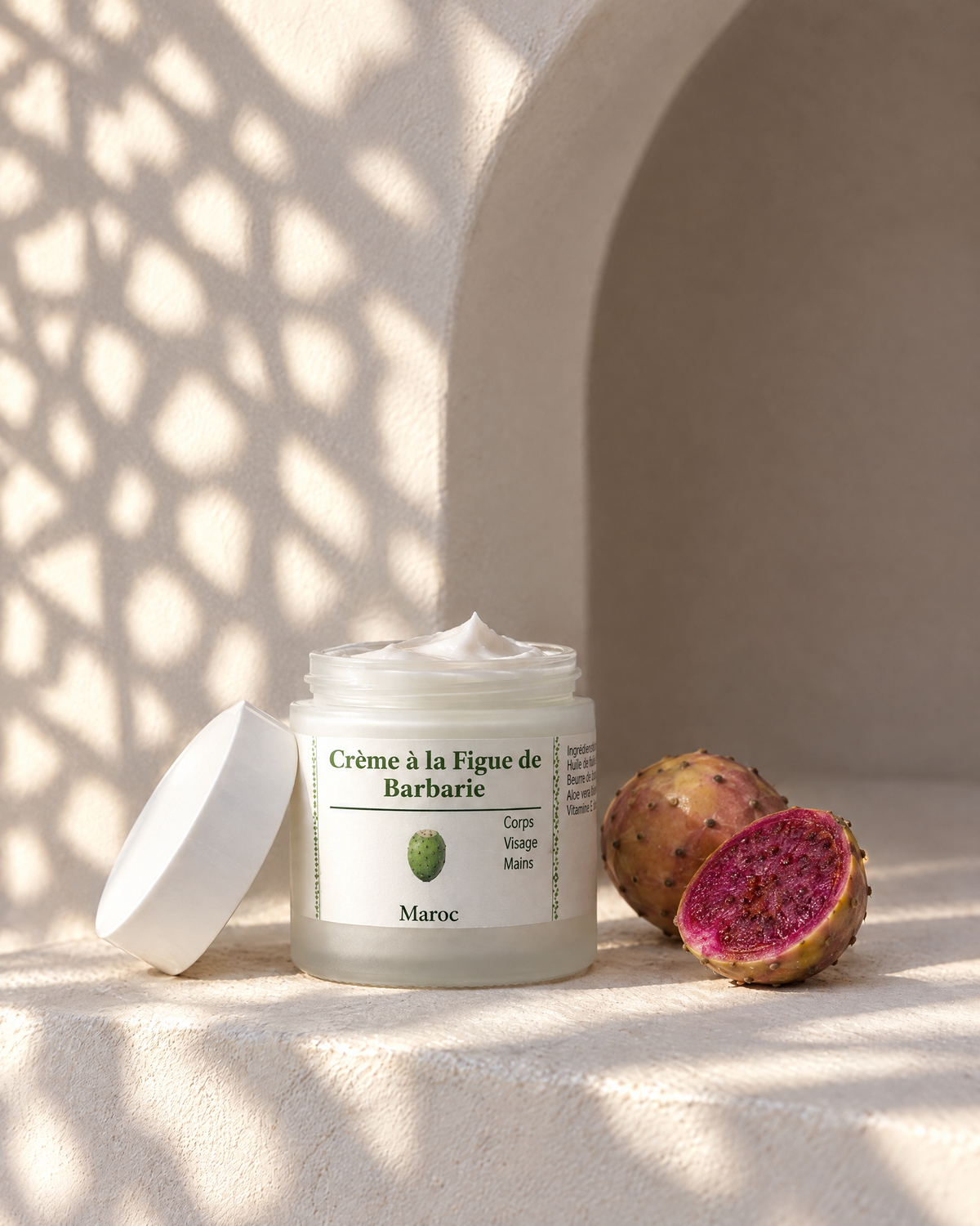 Crème à la figue de barbarie Terre Des Huiles, texture et figue de barbarie, lumière marocaine