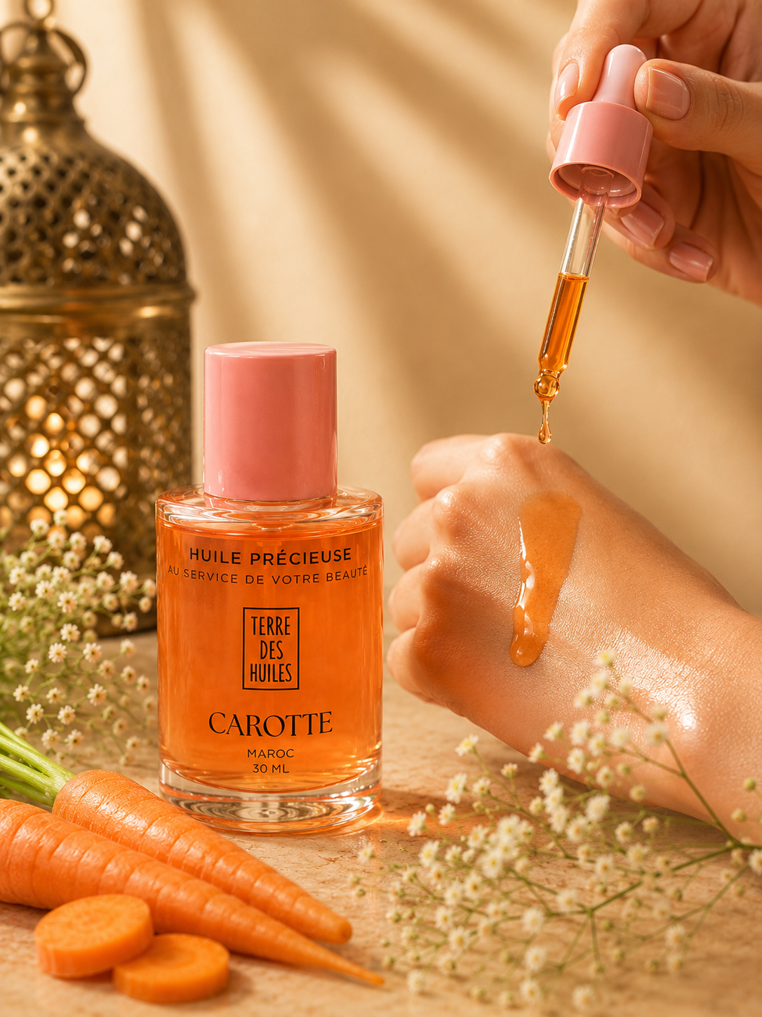 Huile de carotte Terre Des Huiles appliquée sur la peau avec texture lumineuse et ambiance beauté solaire premium.