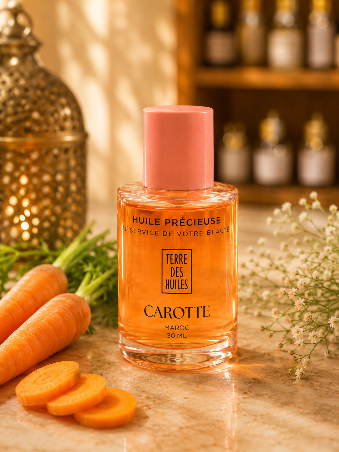 Flacon d’huile de carotte Terre Des Huiles dans une ambiance solaire et orientale avec carottes fraîches et lumière chaleureuse.