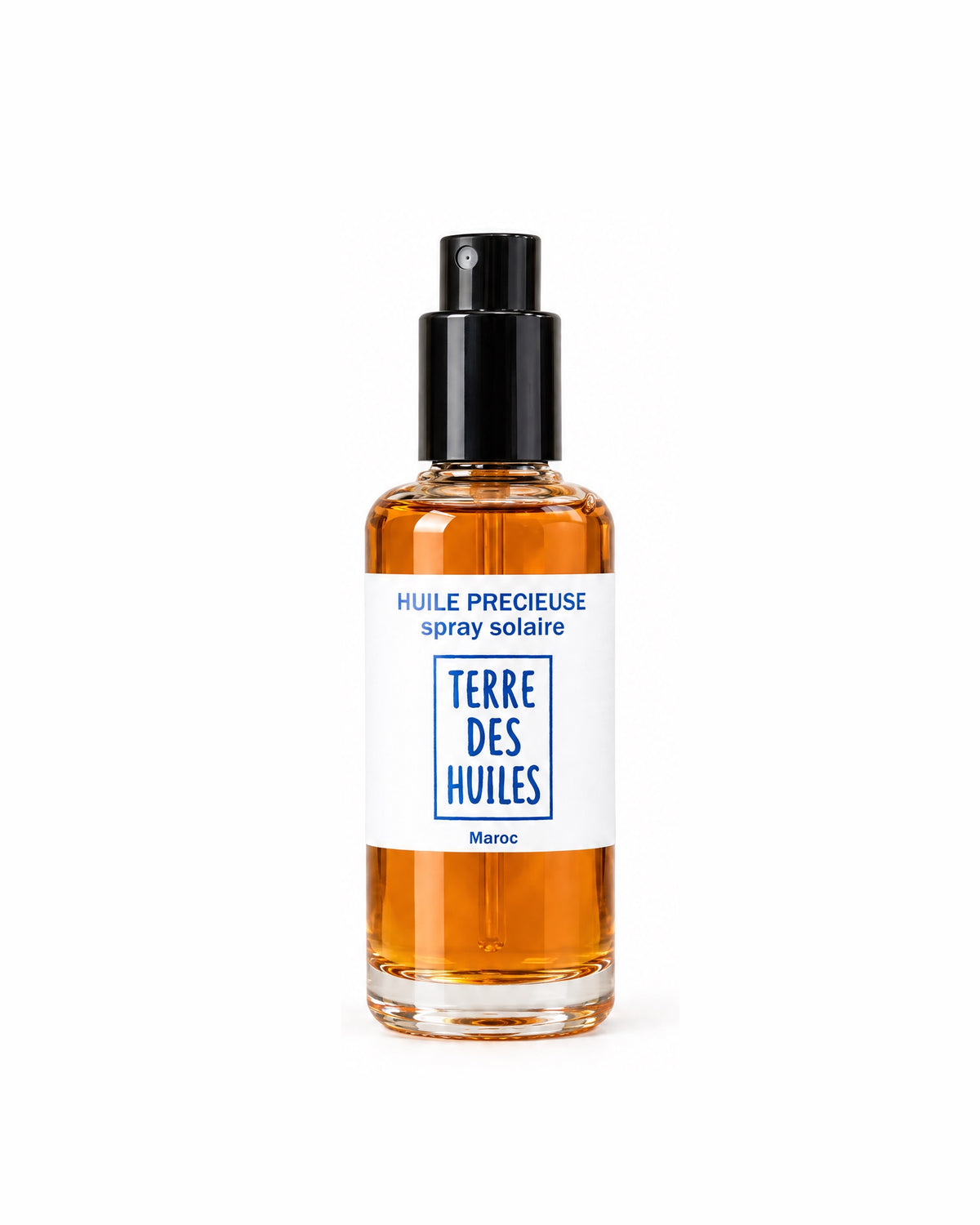 Huile précieuse spray solaire Terre Des Huiles sur fond blanc