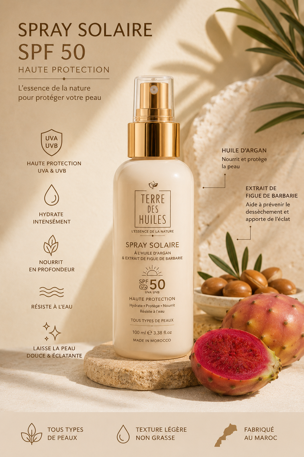 Pack shot du spray solaire SPF50 Terre Des Huiles mettant en avant les bienfaits hydratants et protecteurs de l’huile d’argan et de la figue de barbarie dans une ambiance solaire premium marocaine.